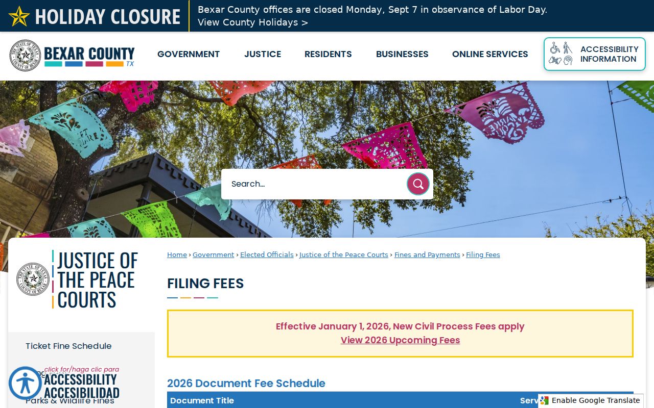 Bexar County civil docket copy and filing fee table