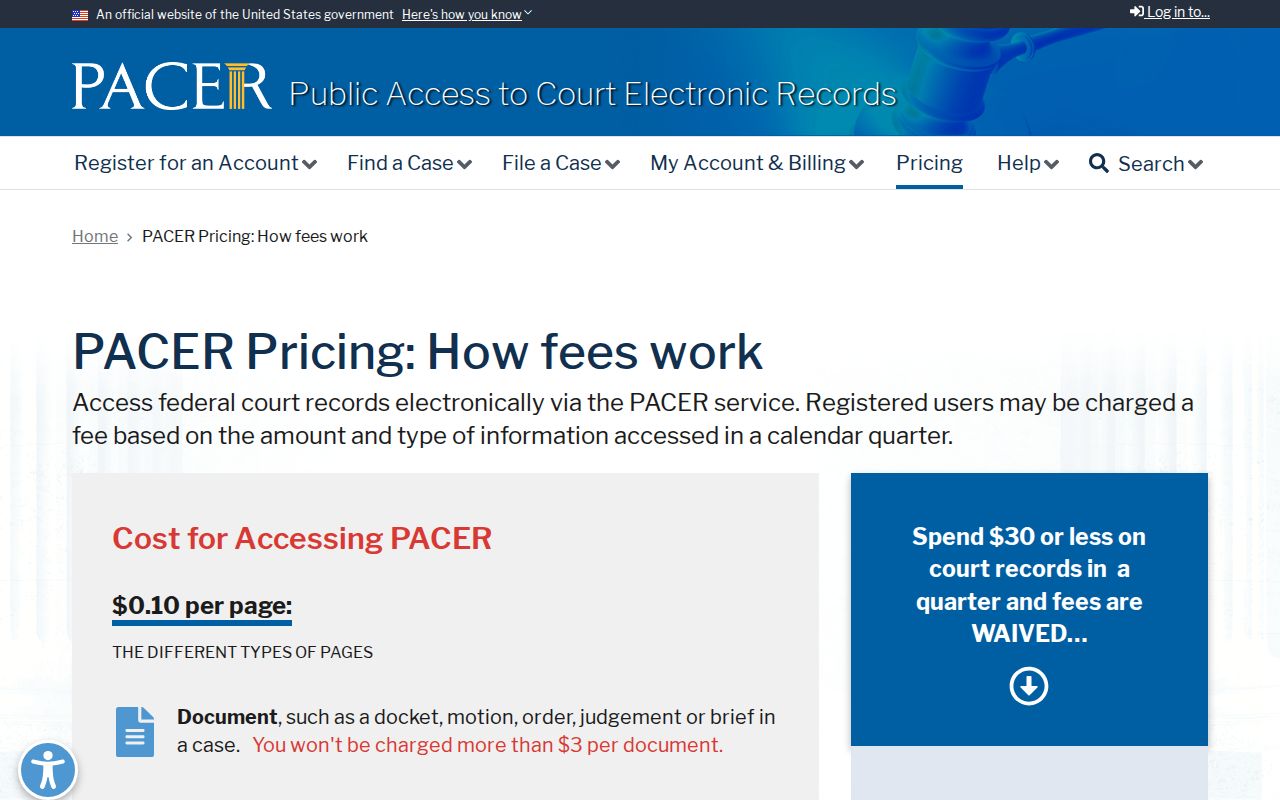 Bexar County federal court record PACER fee schedule