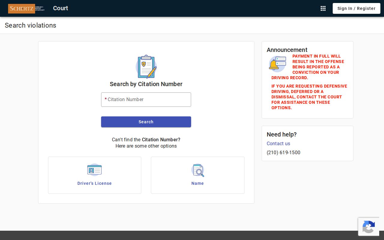 Schertz court records citation and license search fields
